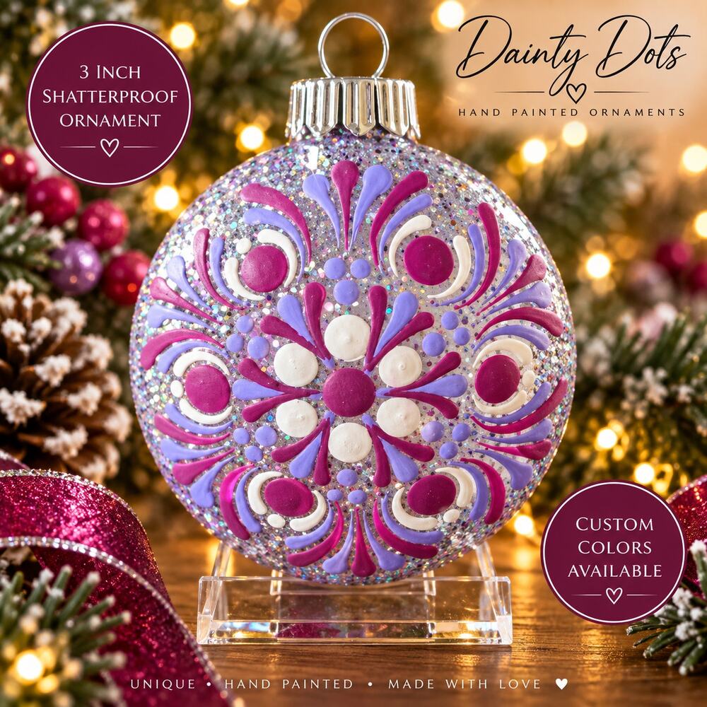 Hand Painted 3" Shatterproof Glitter Ornament Pink Purple White Mandala